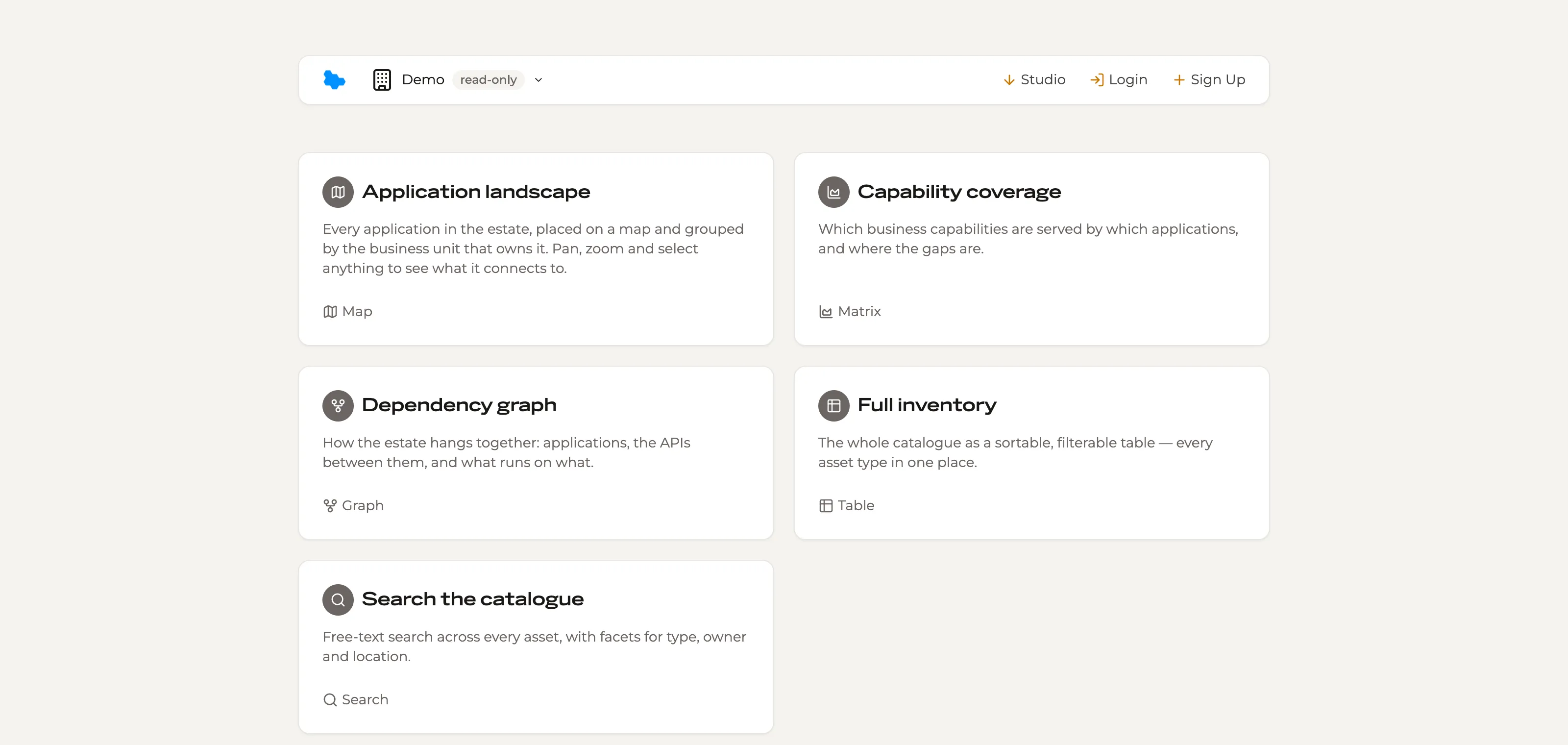 The demo organization’s home page: five published views — a map, a matrix, a graph, a table and a search — of one inventory.
