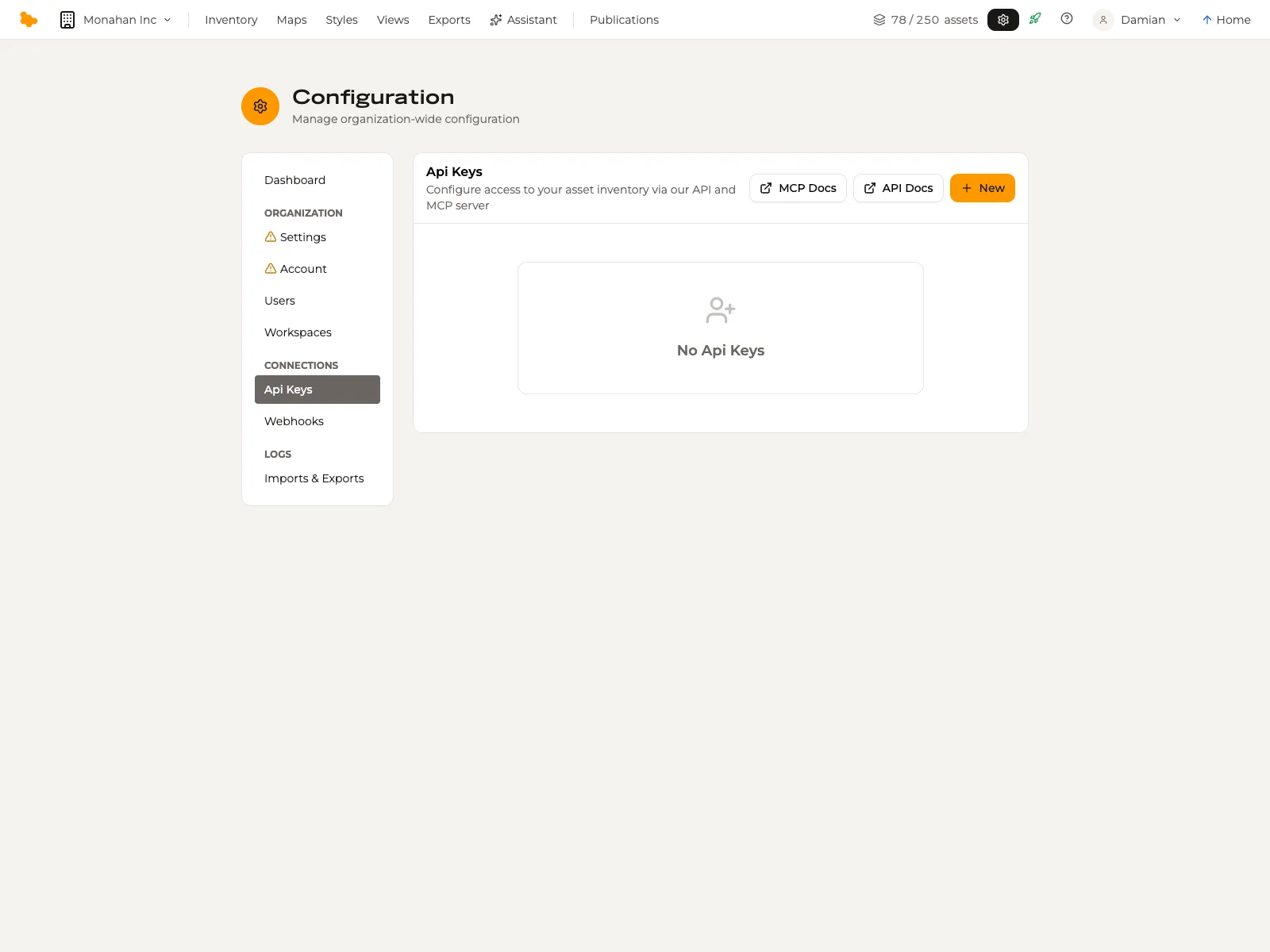 The Api Keys page, with buttons linking to the API and MCP references.