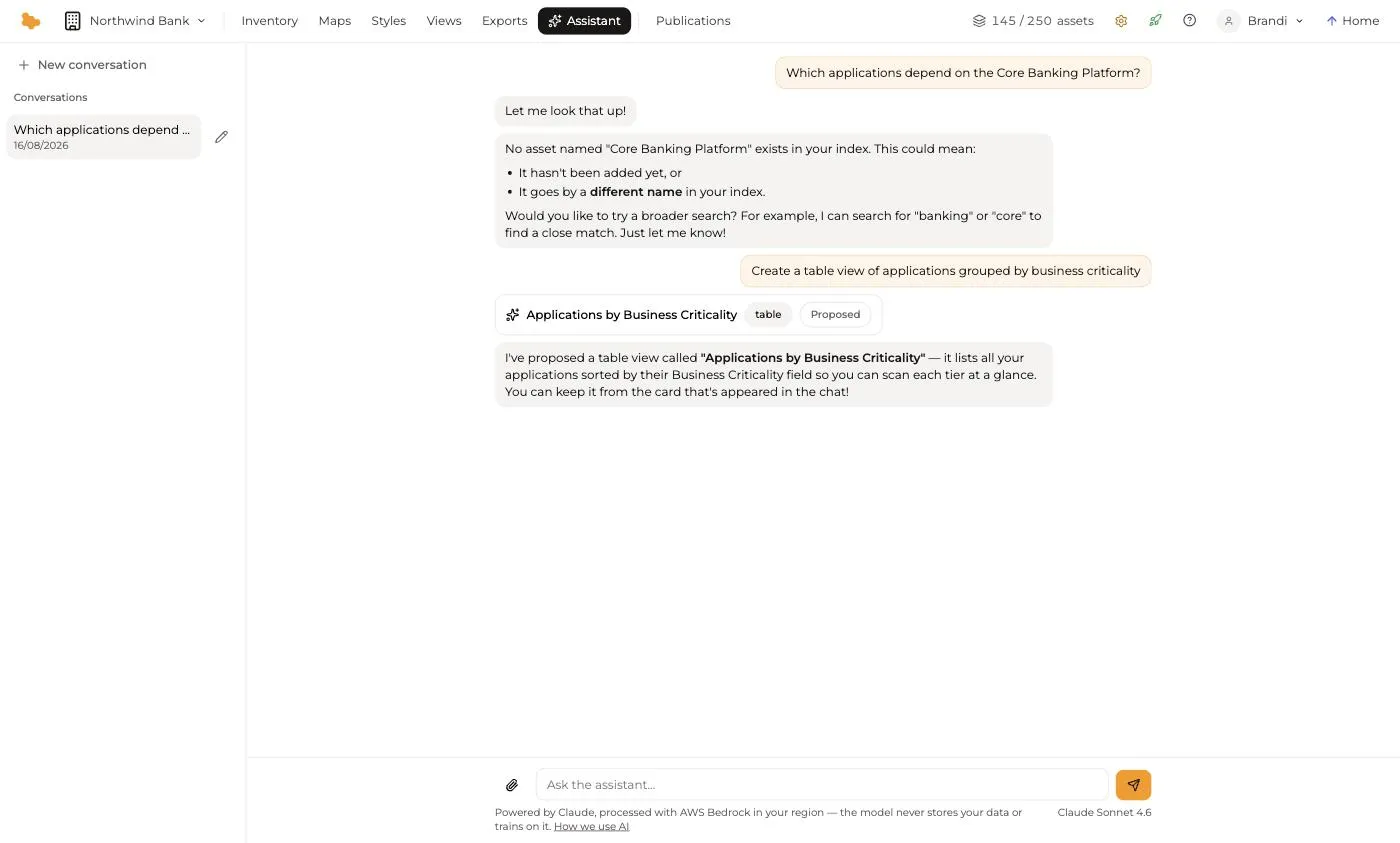 A conversation with the assistant, ending in a proposed table view marked Proposed.