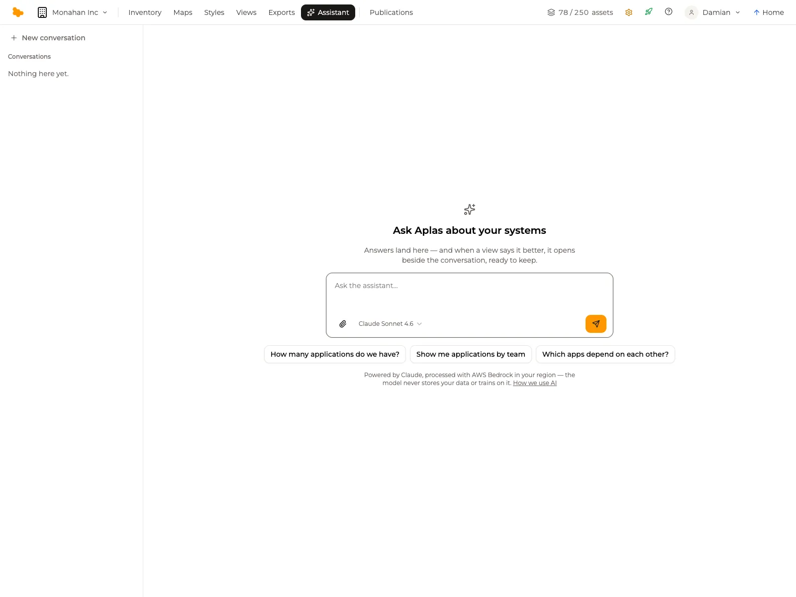 The assistant: Ask Aplas about your systems, with suggested questions such as How many applications do we have and Which apps depend on each other.