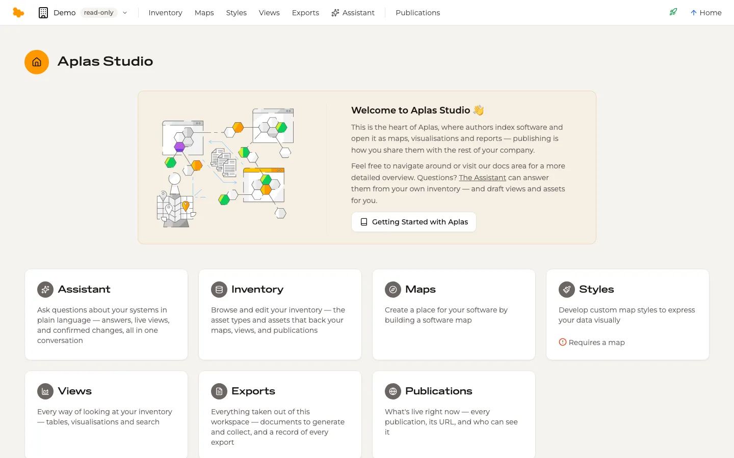 The demo organization's studio home, read-only, with Inventory, Maps, Styles, Views, Exports, Assistant and Publications in its navigation.