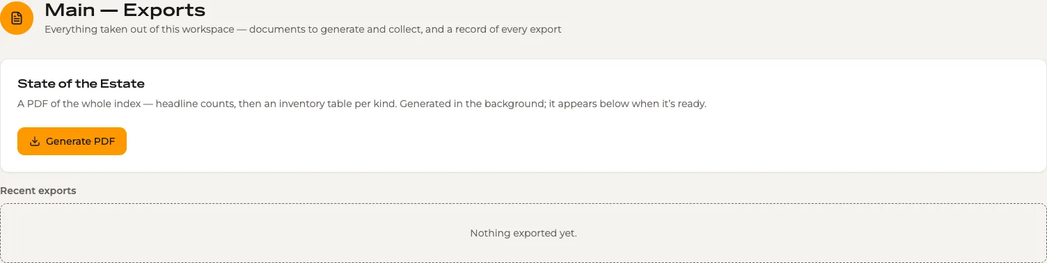The Exports page: the files generated for the workspace, with the State of the Estate report among them.