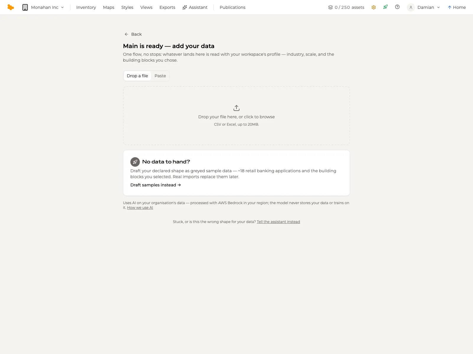 The Import screen of a new workspace: drop a file, paste, or draft samples instead.