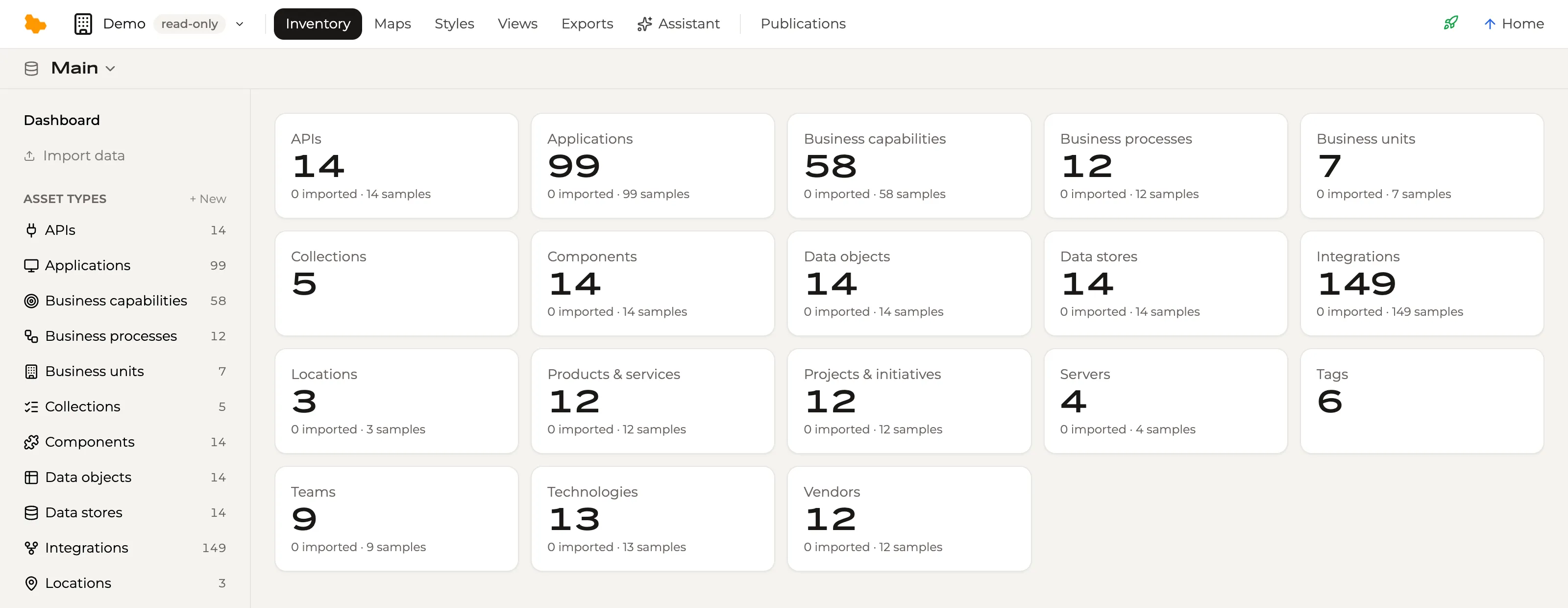 The Inventory dashboard of the demo workspace: a card per asset type, from APIs and applications to business capabilities, data stores, teams and vendors.