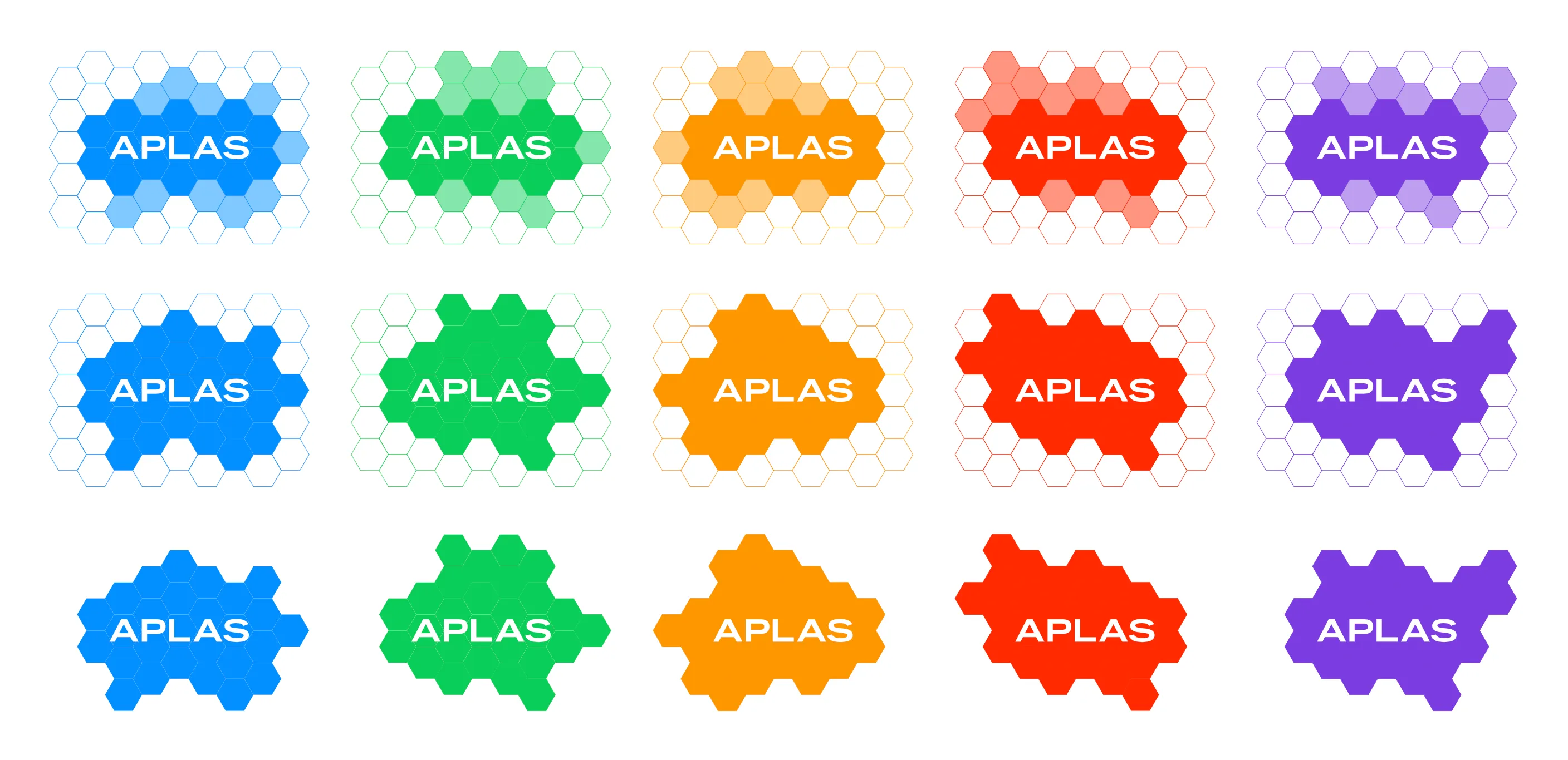 The Aplas mark in five colours, each shown three ways: a hexagon grid, a filled shape within the grid, and the solid shape alone