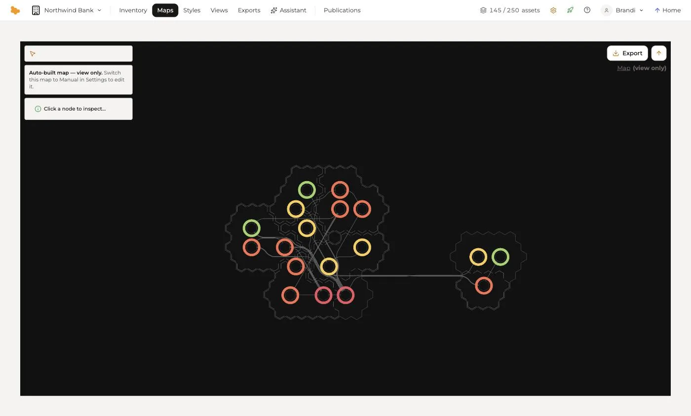 An auto-built software map: applications as coloured rings inside hexagonal regions, joined by the integrations between them.