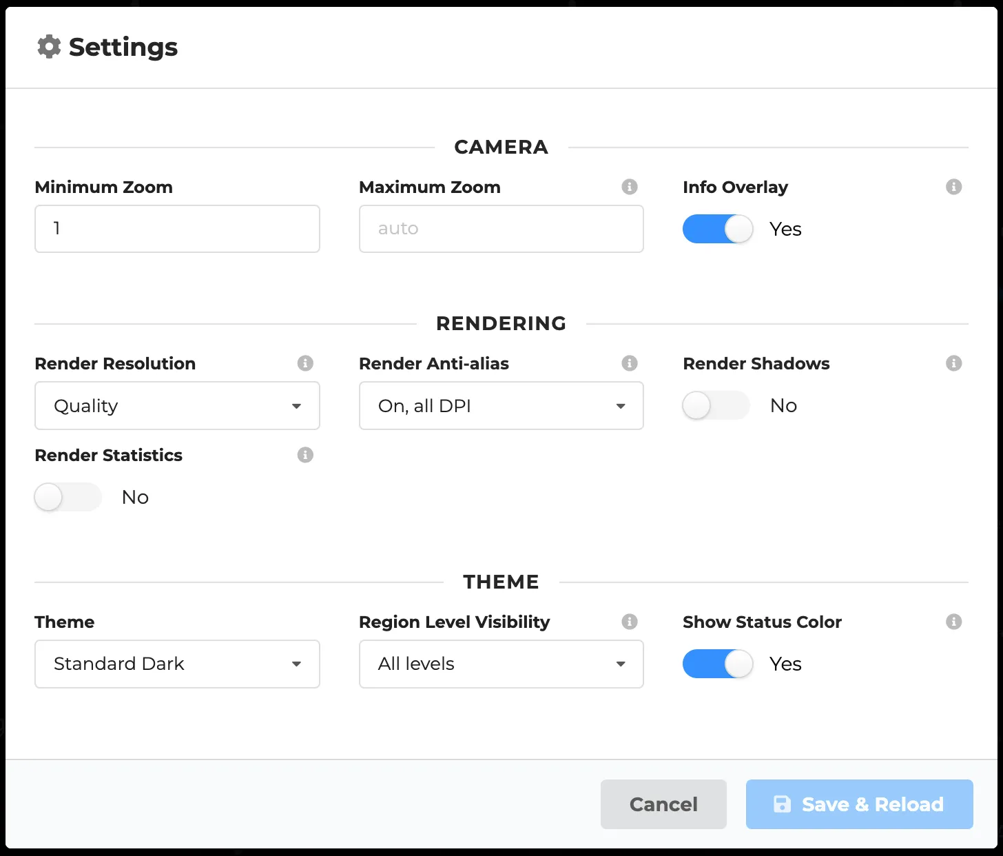 Metamap’s Settings panel, with Camera, Rendering and Theme sections