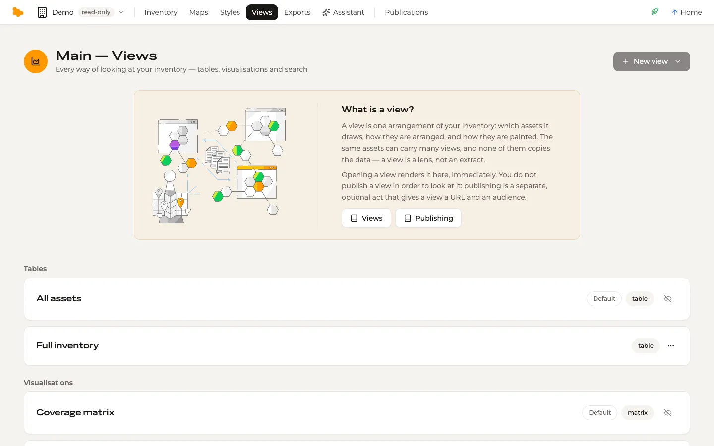 The Views hub of the demo workspace: tables, visualisations and search, with a New view button.
